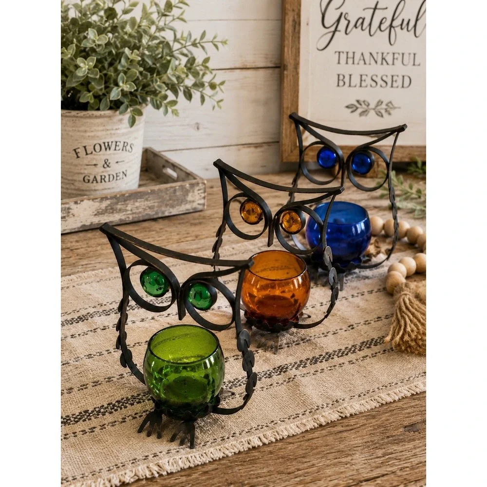 3 Metal Owl Tealight Votive Candle Holder w/Glass Candle Holder Farmhouse